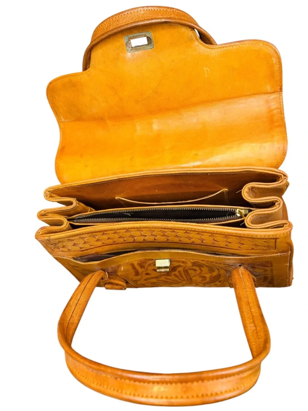 VINTAGE Hand- Tooled Leather Satchel Handbag featuring an Intricate Floral Motif